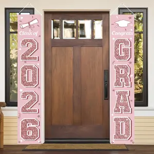 Decoration for the graduating class of 2026, pink graduation banner hanging flag porch logo, party supplies for the graduating class of 2026, suitable for indoor/outdoor decoration of any school 180x30cm