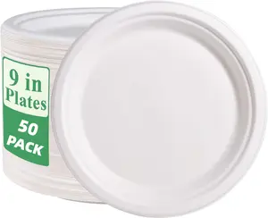 50 Pack Paper Plates 9 inch 100% Compostable, Heavy-Duty Disposable Paper Plates Bagasse Natural Biodegradable Eco-Friendly Sugarcane（White） Round