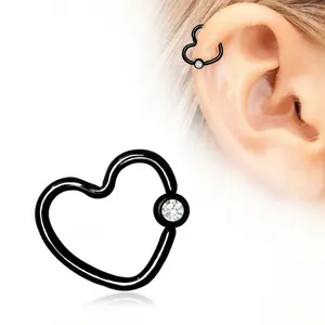Black PVD Plated Heart Captive Bead Ring with Clear CZ
