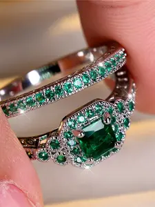Luxury Female Green Zirconia Stone Engagement Ring Set Wedding Jewelry For Women Valentine's Day Gift Artificial Zircon Rings