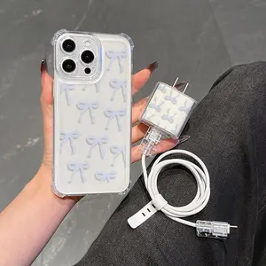 5-Piece Set with Transparent Bow Phone Case for iPhone 11 to 15, Charger and Cable Protectors, Best Gift for Friends and Loved Ones