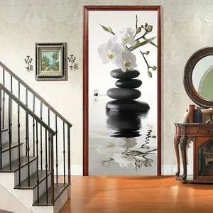Modern Abstract Art Door Decal Sticker, Decorative Wall Sticker, Stack Stone and Lotus Design, Removable Self-Adhesive Wall Decor for Bedroom or Living Room
