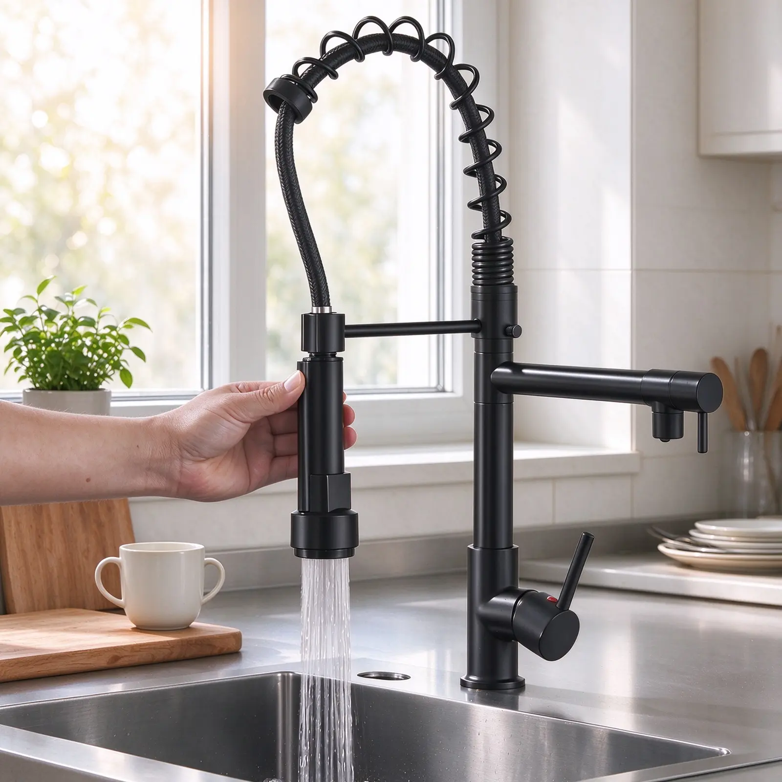 Matte Black Commercial Single-Handle Kitchen Faucet with Pull-Down Sprayer, Pot Filler Spout, 360° Swivel for Home Kitchen Sink Fixtures