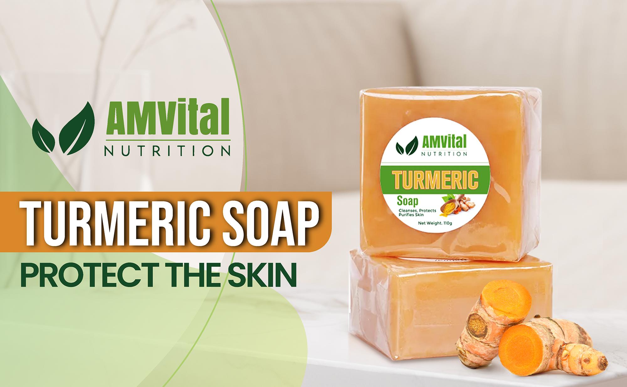AMVital Turmeric Soap Bar (4 packs) Handmade,Targets Acne & Dark Spots, soap honey  glow face body wash skincare turmeric body jabon de curcuma