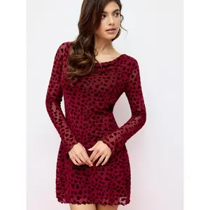 Cider Mesh Heart Boat Neck Bell Sleeve Flocking Mini Dress