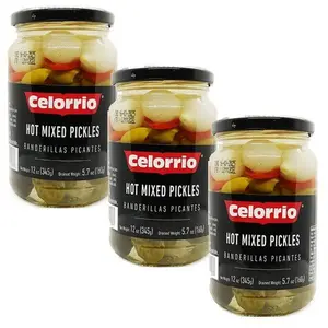 Celorrio Hot Mixed Pickled Snacks - Onion-Infused Sour Canned Food, 10.5 oz Each, Pack of 3