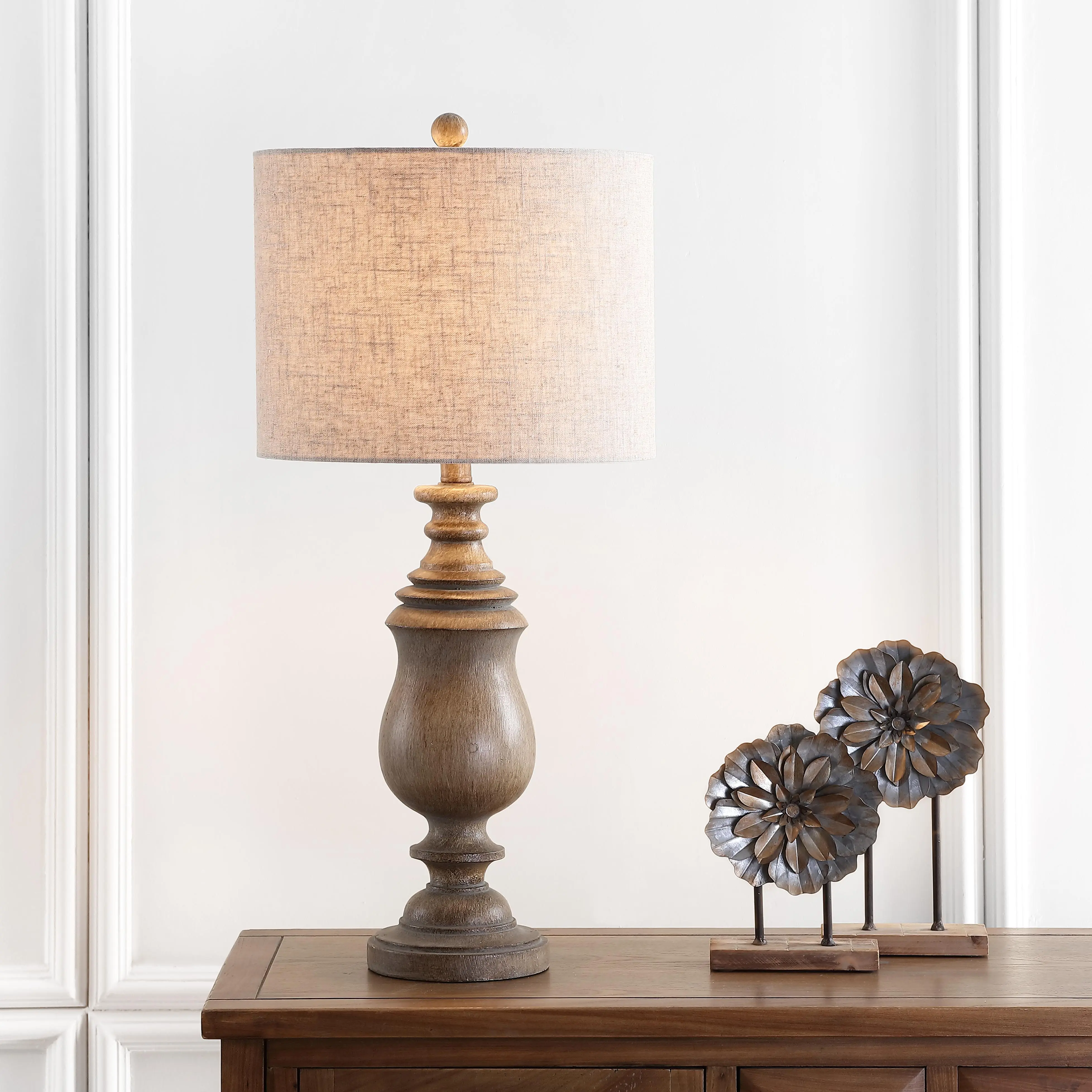 JONATHAN Y Abeline 28.5" LED Table Lamp Faux Wood Resin, Brown | Gray Linen Drum Shade, Traditional Balustrade Style, Rotary Switch, UL Listed, LED Bulb Included