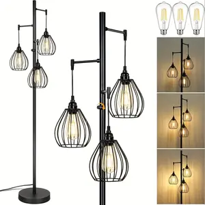 2024 Dimmable Floor Lamp, Farmhouse Industrial Standing Lamp With 3 PCS 7W LED Edison Bulbs & 3 Light Elegant Teardrop Cage Heads, Black Rustic Tree Tall Vintage Pole Lamps For Living Room Bedroom Office