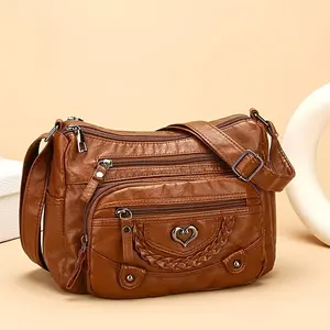 [Small Brown Crossbody Bag] Fashion Forward) Chic Vintage Crossbody Bag in Brown with Heart Accent - Adjustable Strap, Multiple Zipper Pockets, Solid Color, Casual Style - Perfect for Everyday Use, Small Crossbody Bag
