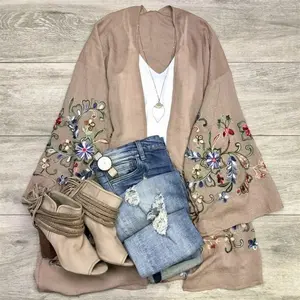Lightweight Long-Sleeve Embroidered Kimono Cardigan