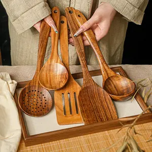 Wooden Set of 5, Natural Stirring Spoons & Non-Stick Cookware Tools, Handmade Soup Spoon, Fry Pan Scrapers and Wooden Spatulas, Perfect Gift