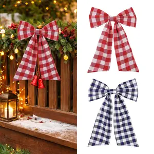 Plaid Wreath Bow - 13" Wide, 17" Long Pre-Tied Bow, Memorial Day, 4th of July, Buffalo Check, Spring Decor, Door Decoration, Police Support, Garland, Father's Day