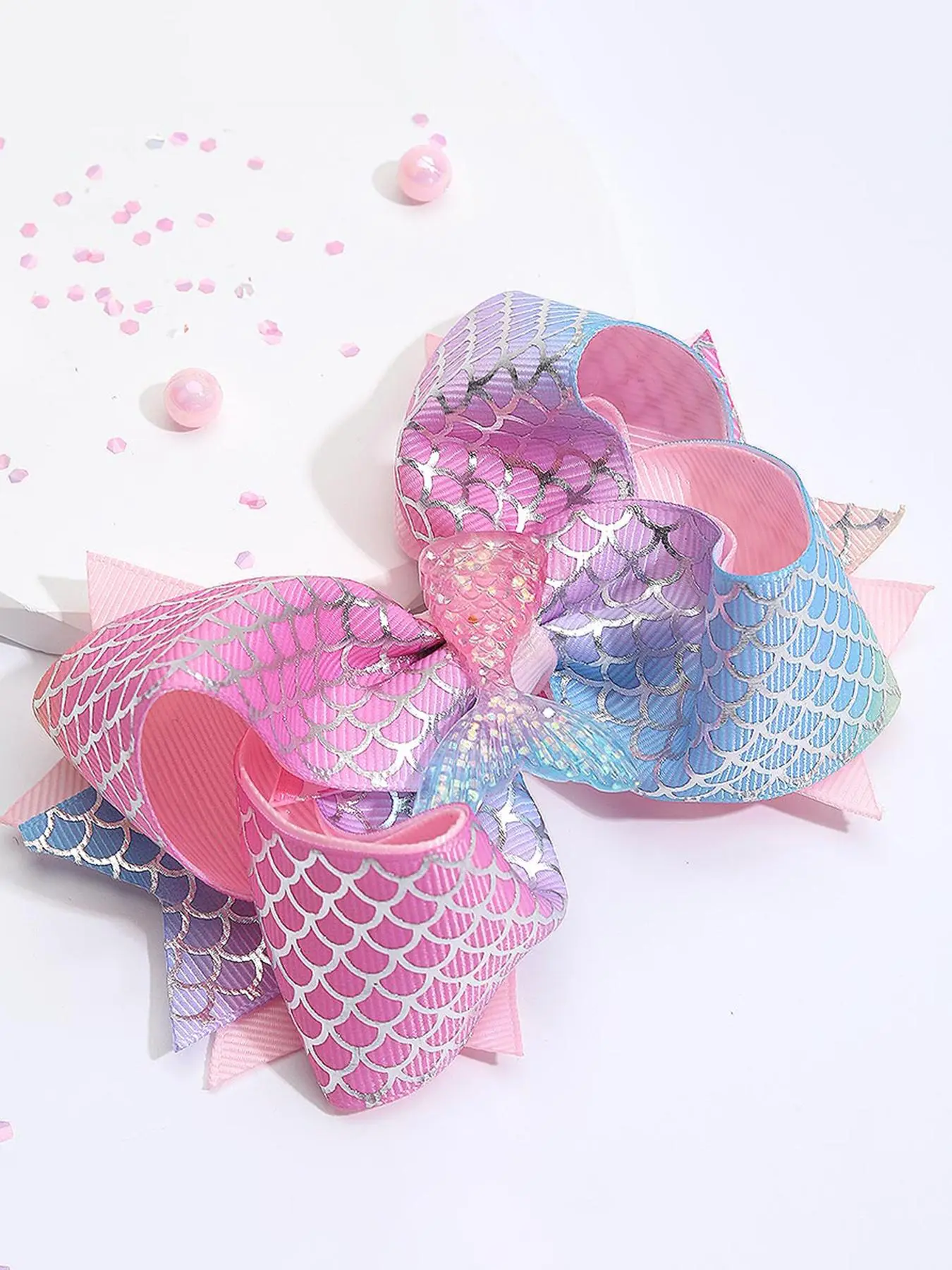 Mermaid Tail Design Double Bow Decor Hair Clip, Cute Ombre Rainbow Colors Hair Accessories for Girls, Fashion Hair Accessories for Party, Daily Clothi