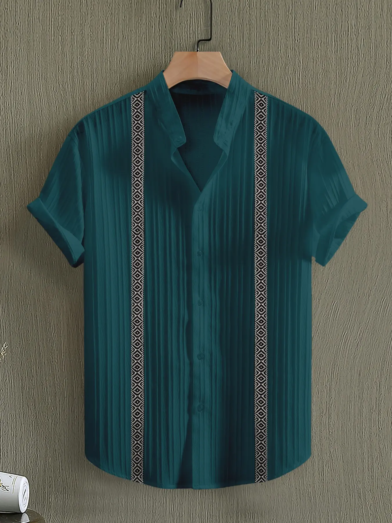 Men's Casual Stand Collar Short Sleeve Shirt, Collared Shirts, Lightweight Summer Daily Wear, Button Front, Patchwork Design, Solid Color, Perfect Gift, Menswear