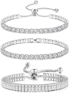 3PCS Tennis Bracelet Silver for Womens Girls Crystal Zirconia Slider Bracelets Adjustable Classic Tennis Bracelets Set Diamond Bracelet Jewellery Gift for Girlfriend,Mother,Wife,Friend Stackable Bracelets Beautiful Bracelets