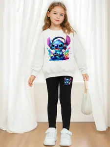 Girls' 2-Piece Set Stewie Cartoon Print Hoodie & Tight Pants, Casual Loose Fit, Ages 4-12, School & Birthday Gift, Fall Winter