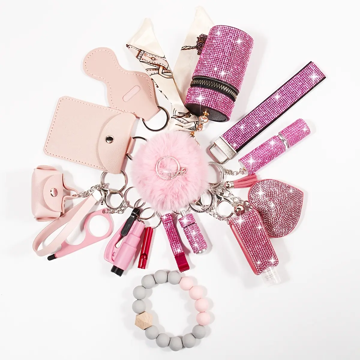 Anime Style Metal Keychain Set - 15-Piece Stylish Keyring with Pink Colorful Chains, Kawaii Accessories Decorated Charms, Bag Charms for Car Keys, Keychain For Car Keys, Metal Coating, Cute, Fashion Keychain, Cars Accessories
