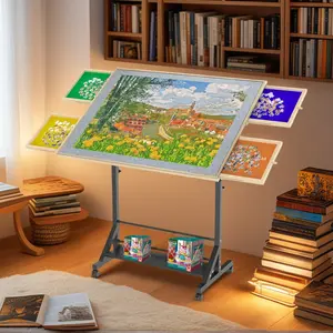 Dreamzon Wooden 1500 Piece Puzzle Table with Drawer, 35"*27.17" Adjustable Puzzle Table, 360° Tilting Puzzle Table with Legs and Wheels, Rolling Puzzle Table, Adjustable Height and Angle, with Protective Cover