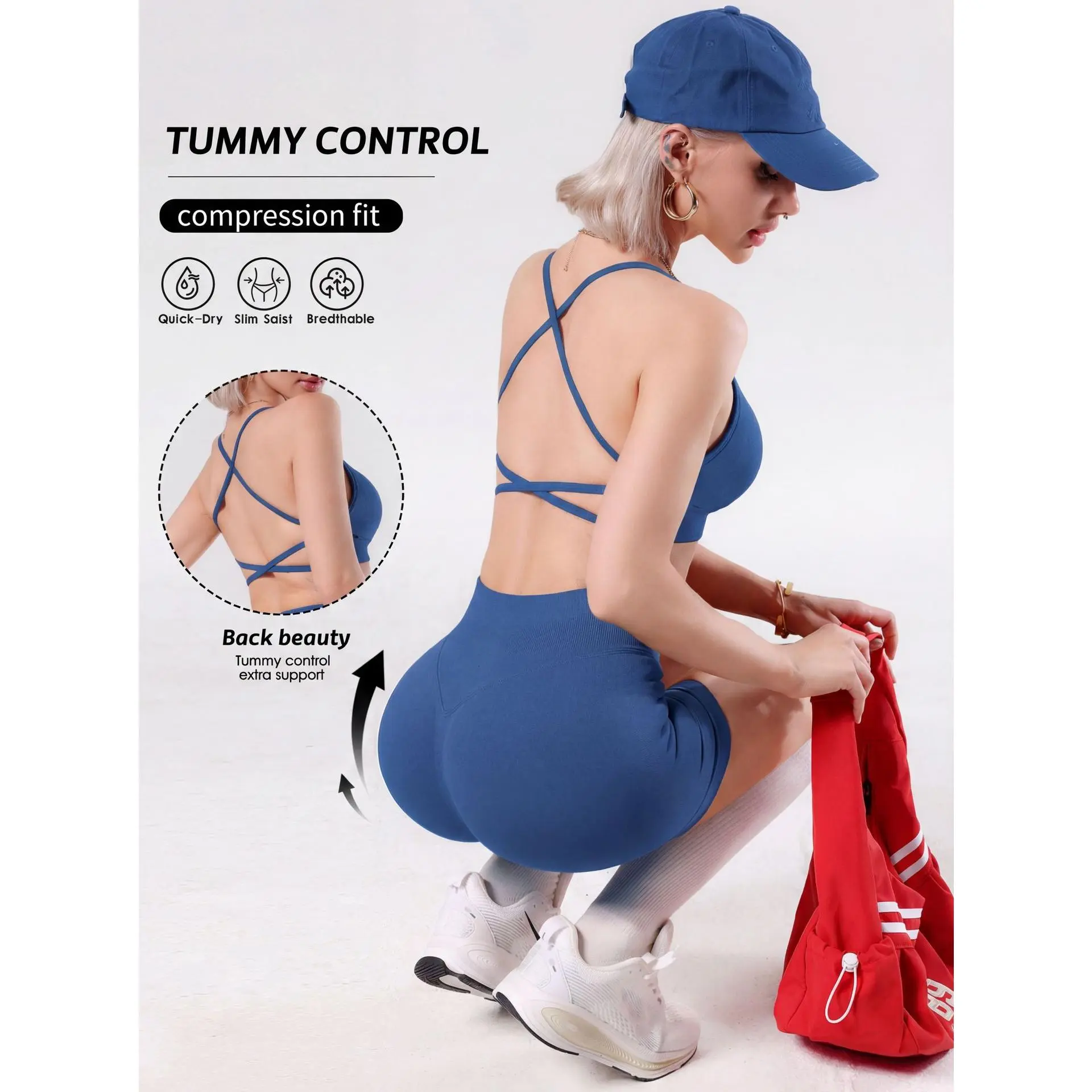 Women's 2-Piece Sporty Sports Underwear Set, Cross-Suspender Beauty Back Yoga Bra, High-Waist Belly & Hip-Lift Fitness Biker Shorts for Yoga, Fitness Women's 2-Piece Sporty Sports Underwear Set, Cross-Suspender Beauty Back Yoga Bra, High-Waist Belly & Hip-Lift Fitness Biker Shorts for Yoga, Fitness