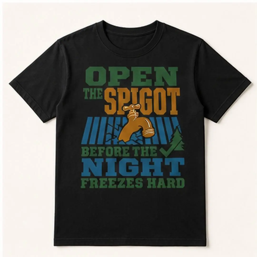 OPEN THE SPIGOT BEFORE THE NIGHT FREEZES HARD Men's Black Graphic T-Shirt Short Sleeve Crew Neck Cotton Blend for Men Who Winterize Outdoor Faucets and Prevent Frozen Pipes original statement print casual everyday tee weekend outfit
