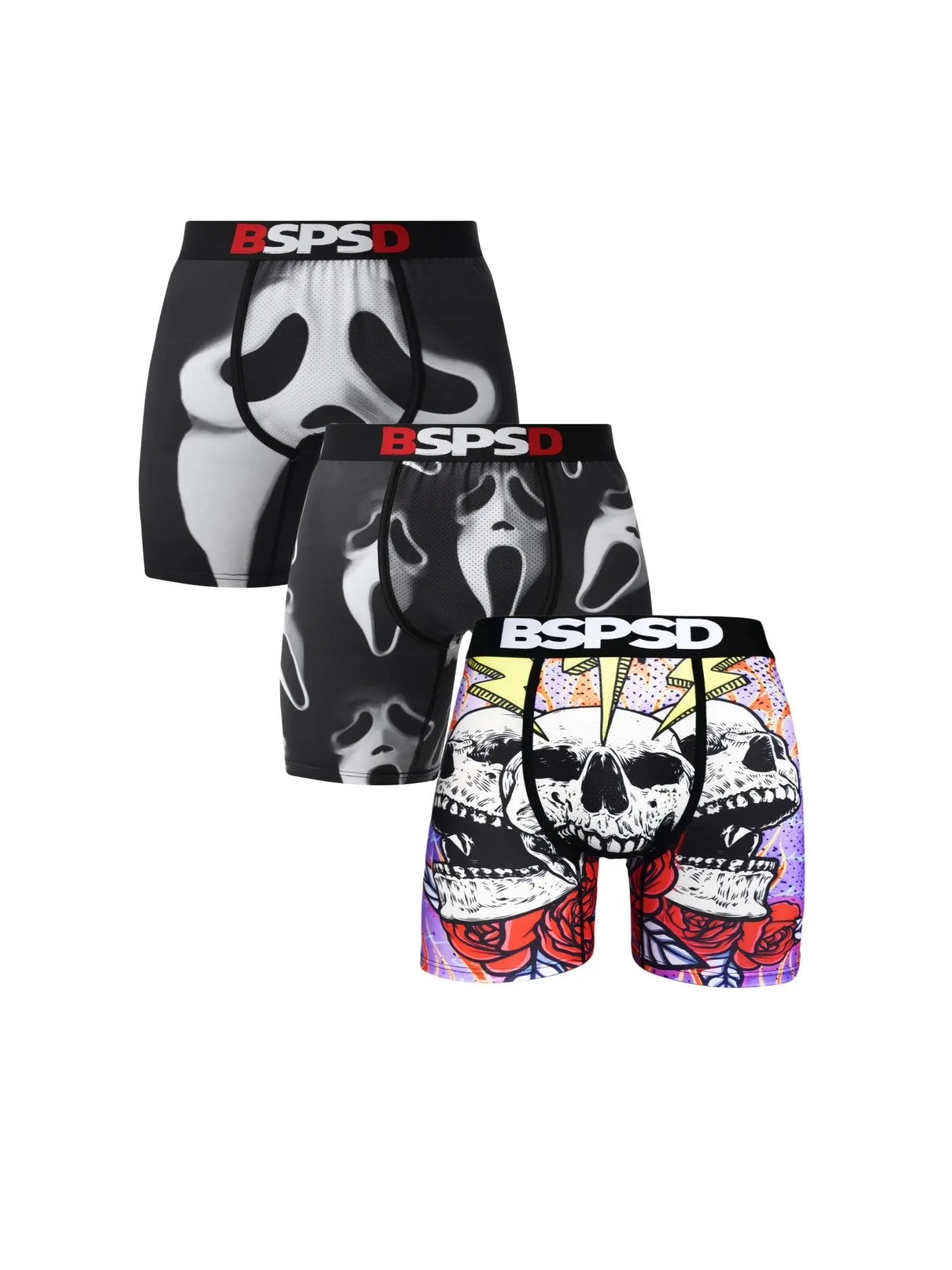 Men's Comfortable Breathable Fitted Boxers Low Rise Underwear Set, 3-Pack, Fashion Ghost Face Printed, Daily Wear Elastic Boxer Briefs, Sporty Style, Breathable Boxer Shorts