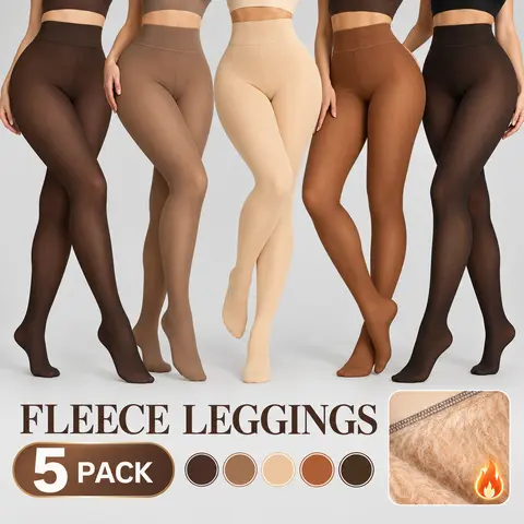 Women’s 5-Pieces Fleece-Lined High-Waisted Thermal Slim Leggings - Soft Minimalist Basic Style Underwear for Women, Full-Length Skinny Tights in Brown, Beige, Black Neutral Colors for Casual Cold Weather Use