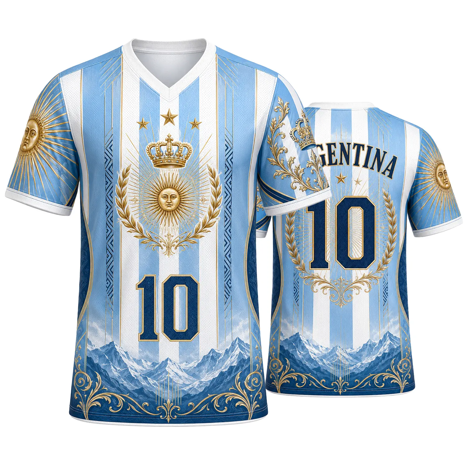 Argentina Color-Inspired V-Neck Athletic Shirt for Men Women, Sky Blue White Gold Crown Sun Laurel and Mountain Graphic Short Sleeve Casual Sports Top, Size S-5XL