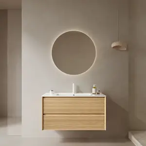 BRON 36" Bathroom Vanity with Sink, Wall-Mounted Floating Plywood Bathroom Storage Cabinet with Drawers, White Ceramic Basin, NO Faucet, Pre-assembled, Corolla Oak Woodgrain Color