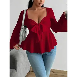 【Plus Size】 Solid Bow Decor Thumb Hole Curved Hem Tee, Plus Casual Long Sleeve T-shirt for Daily Wear, Women Plus Clothing for Fall & Winter, Top