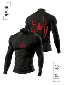 Men's High Elastic Performance Top with Spider Print, Moisture-Wicking Fabric for Weightlifting, Casual Sportswear for Fall & Winter