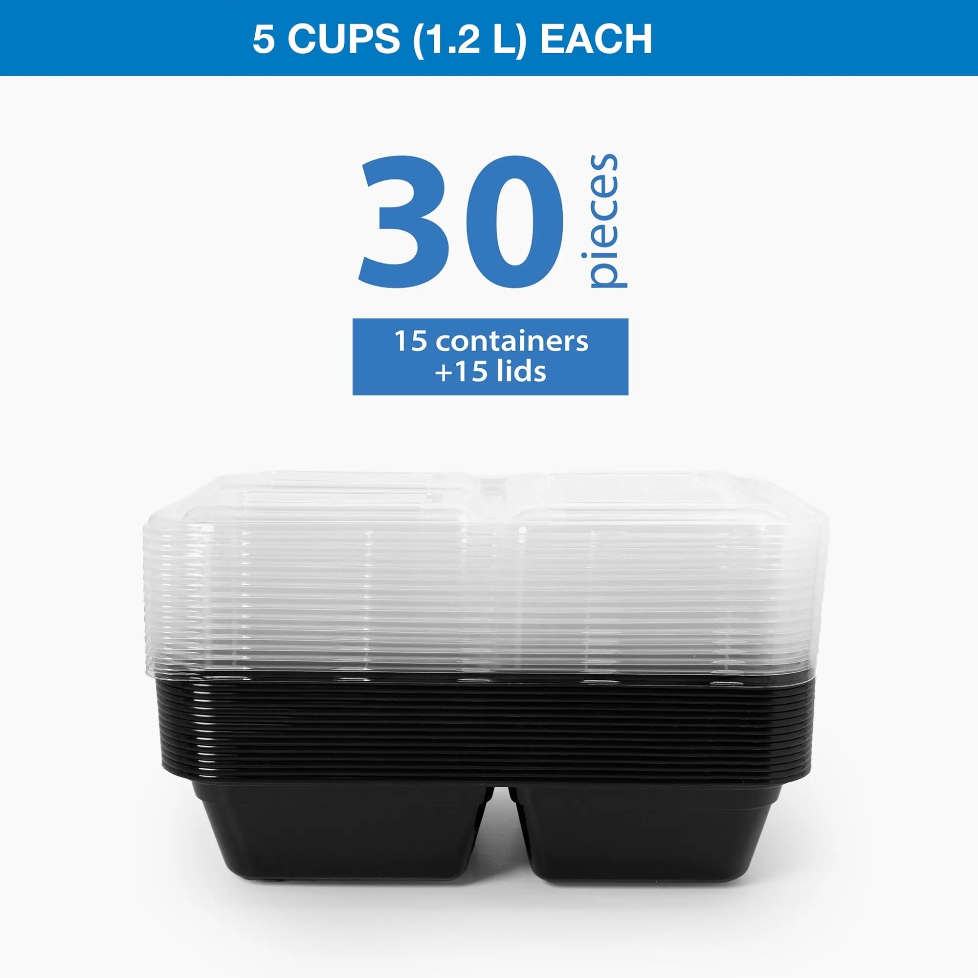 3 Compartment Meal Prep Containers, 15 Piece Set with Lids, BPA-Free Leak-Resistant Bento Boxes, Black