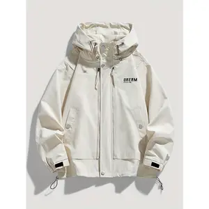 UOSO Men's White Hooded Jacket with Black Zipper & Loose Fit - Heavy-Duty Windproof Shell Coat for Hiking, Skiing, Snowboarding |   Spring/Fall Outdoor Jacket with Lettering & Logo Design, Pockets |   Winter Sports Apparel (No-Stretch Fabric, Hand Wash/Dr