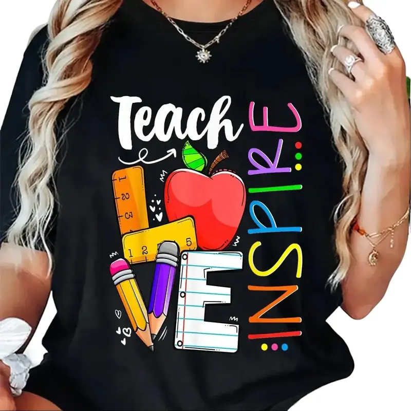Cute Teacher T-shirt, unisex, with a theme of teaching love and inspiration, campus style short-sleeved top, a Teacher's Day gift that both students and teachers love to wear, comfortable pure cotton, a summer essential