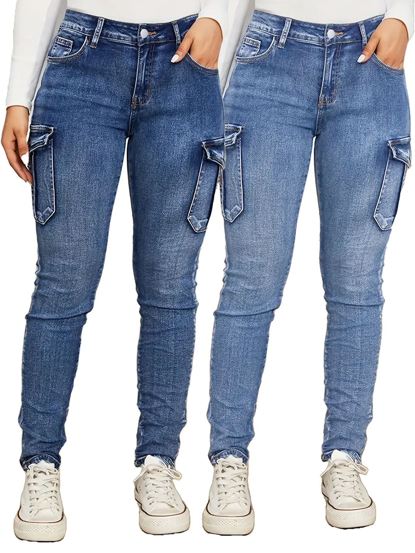 Women's Mid-Rise High-Stretch Fabric Jeans, Slim Tapered Cut with Side Pockets and Ruched Detailing - Streetwear, Minimalist, Cargo, Everyday Workwear, Figure-Flattering, Skinny, Bottom, Casual, Denim