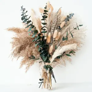 Green Pampas Grass Boho Bouquet Exquisite Lavender & Eucalyptus Dried Flowers for Western Boho Decor Rustic Home Bedroom Wedding Table Décor Ornamental Fruit Plants