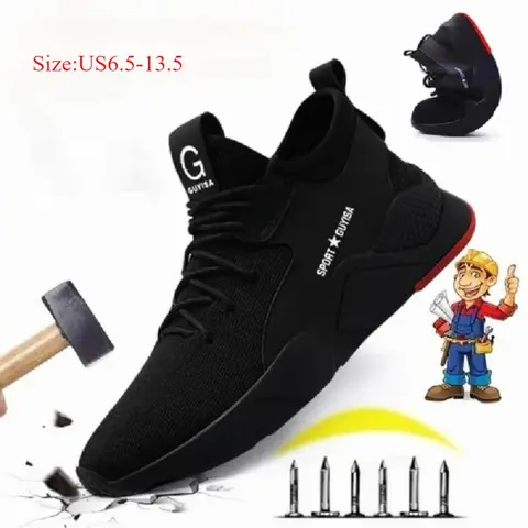 Men's Lace-Up Steel-Toe Cap Worker Shoes - Closed, Soft Steel Toe, Kevlar Fiber, Anti-Collision, Anti-Skid, Breathable, Plus Size Tennis & Work Safety Footwear