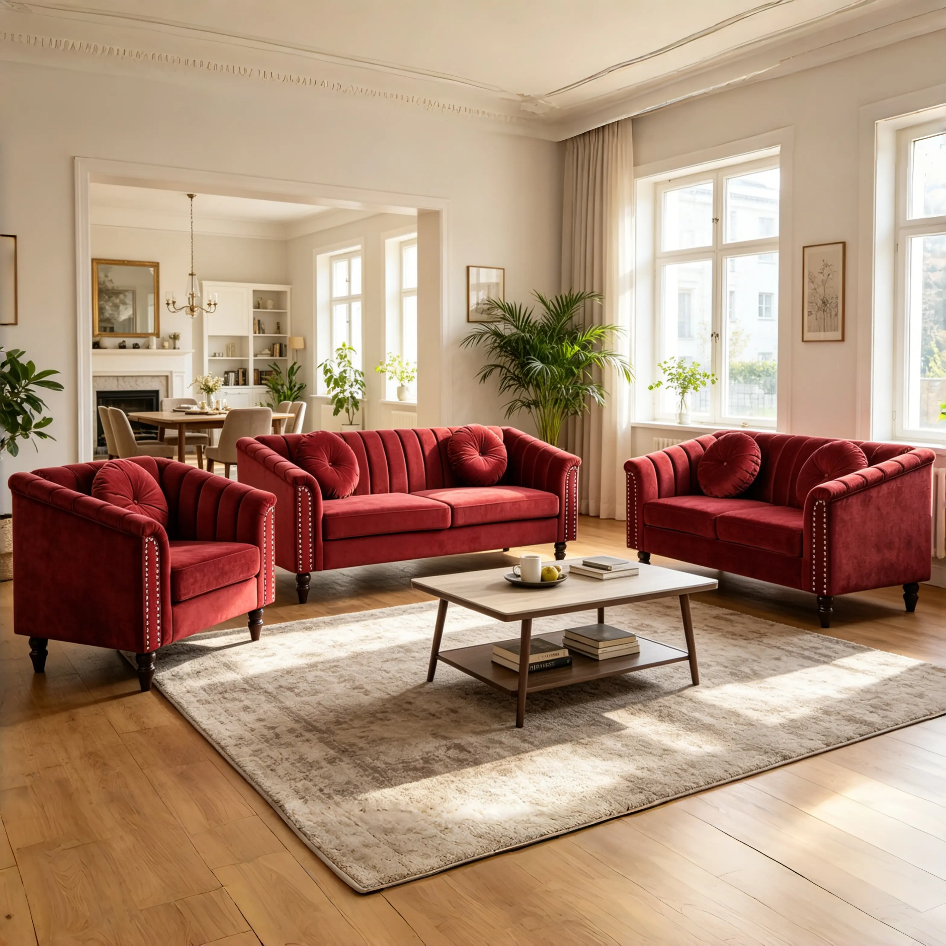 Handcrafted Classic 3-Piece Living Room Combination Sofa Set - Sturdy Solid Wood Frame, Luxurious Soft Flannel Cushions, Waterproof, Scratch-Resistant, Breathable Fabric, Elegant Indoor Furniture with Complimentary Pillow