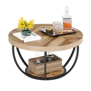 Round Coffee Table, Industrial 2-Tier Circle Coffee Table With Open Storage Shelves, Wooden Accent Center Table Sofa Side Table For Living Room, Home Office Decor Furniture, Brown & Black