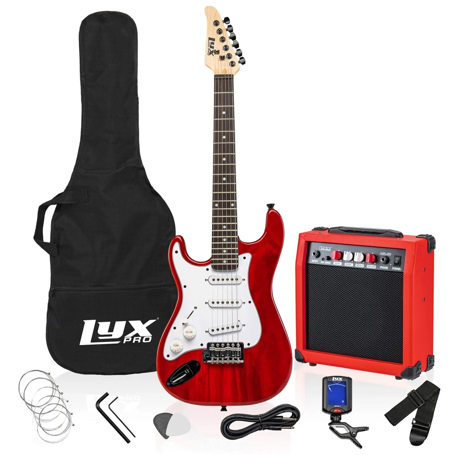 LyxPro 36" Left Handed Electric Guitar Kit with Amp, Picks, Strap, Tuner, Cable & Case – Red