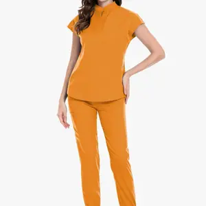 Mandarin Collar Scrub Set with Jogger Pants - Orange Color, Short Sleeve, for Health Care workers, Salon, lab workers
