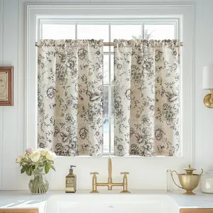 Linen Kitchen Curtains Floral Tier Drapes 24 Inch Farmhouse Botanic Cafe Curtains Small Window Drapes Rustic Half Window Treatments for Living Room Bathroom Laundry 2 Panels Black on Beige