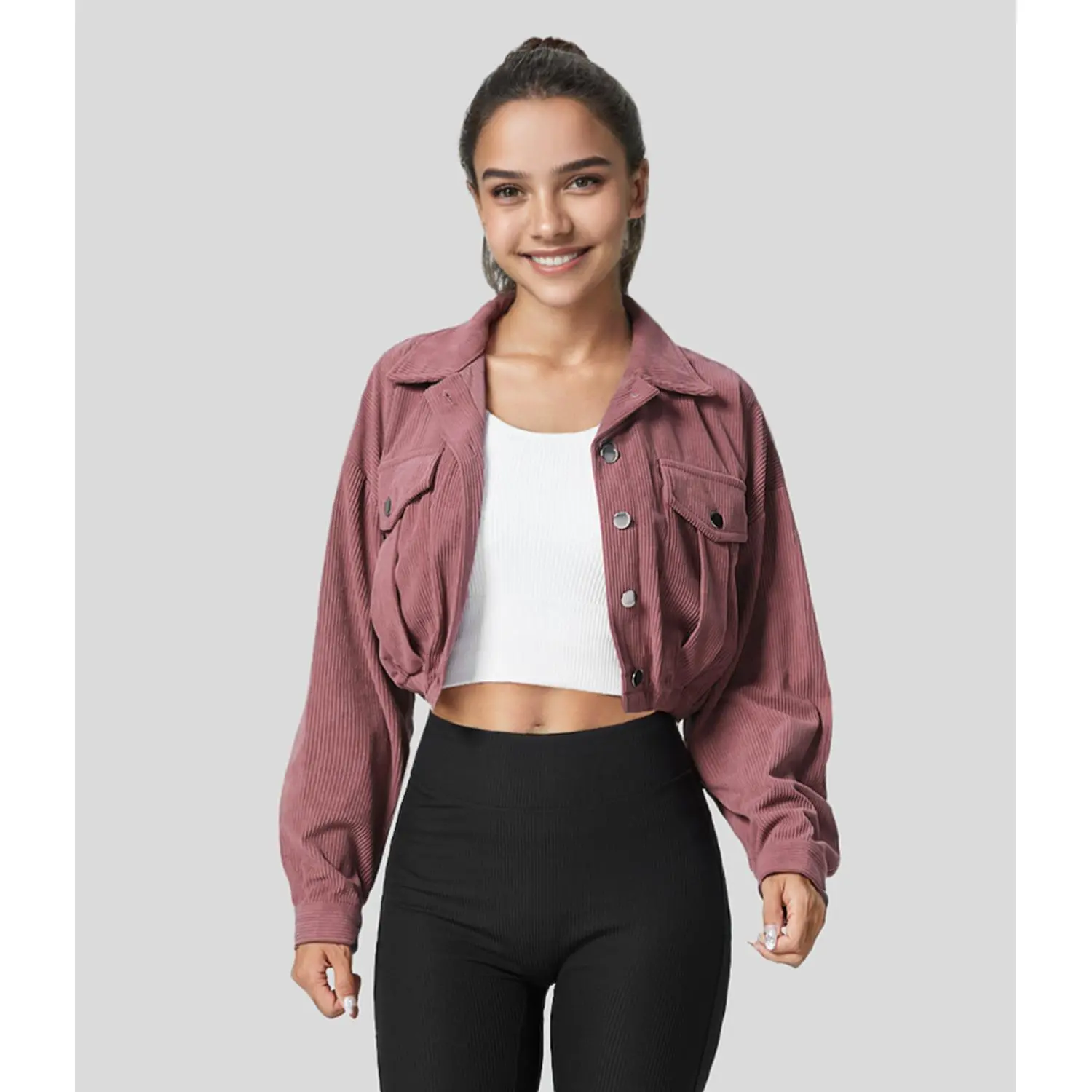 Halara Collared Button Pocket Cropped Corduroy Casual Jacket Halara Collared Button Pocket Cropped Corduroy Casual Jacket