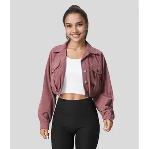 Halara Collared Button Pocket Cropped Corduroy Casual Jacket Halara Collared Button Pocket Cropped Corduroy Casual Jacket