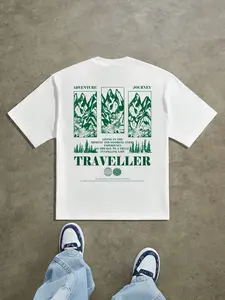Men's Drop Shoulder Loose Fit Fashion Print T-Shirt, Mountain Text Pattern, Summer Thin Top, Casual Daily Wear, Unisex Street Style