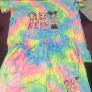 2-piece children's kpop cartoon character printed short sleeved shorts with soft collar, small pocket elastic waistband, daily casual sleepwear set, Cartoon Pattern Pajamas, Pajama Sets