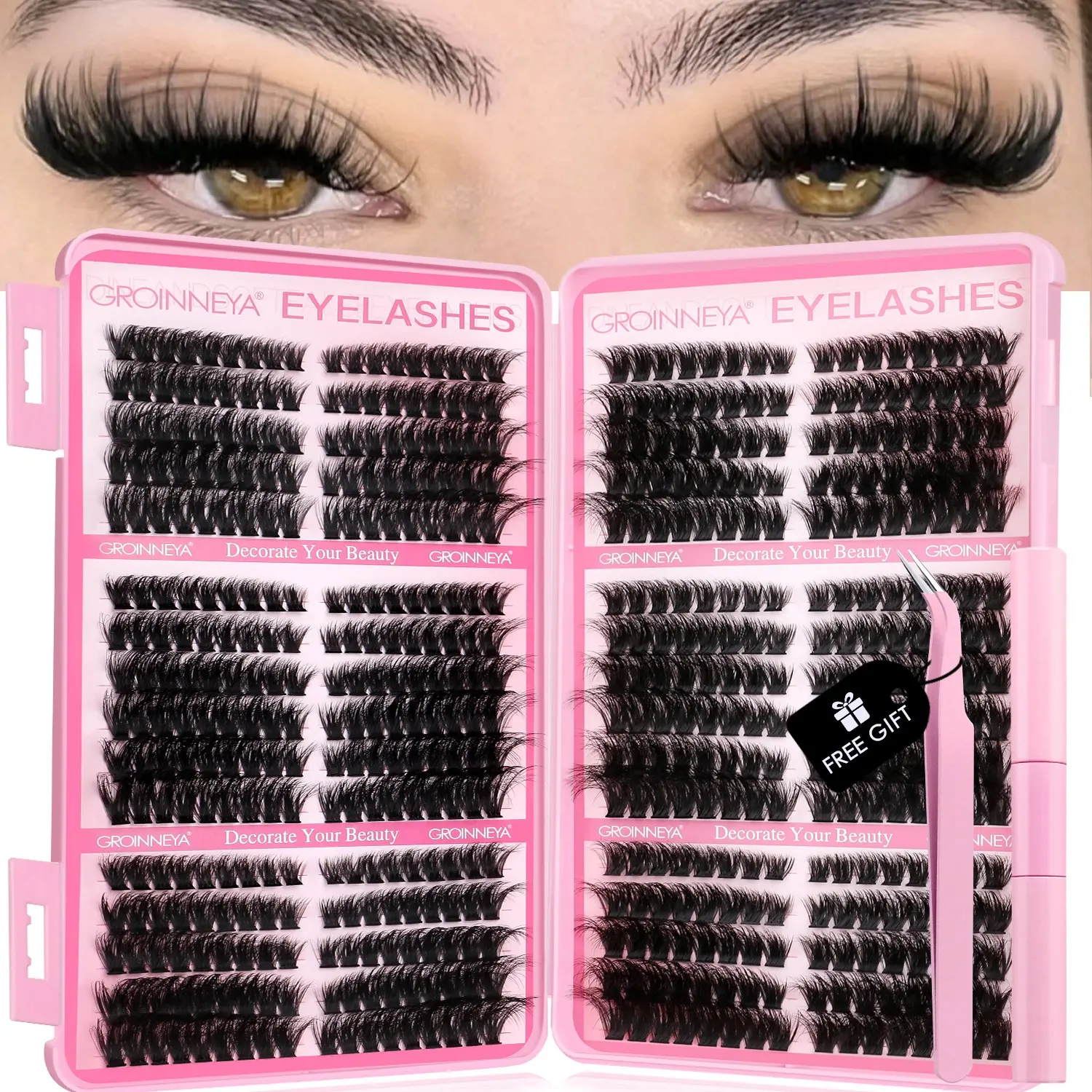 GROINNEYA 640PCS Mixed Length 40P-80P Curl Cluster Lashes Soft Furry Faux Mink Eyelashes Fake Lashes Clusters Natural Cross DIY Lash Extension, Suitable For Various Styles Of Makeup, Eyelash Falsies, Best Lash Clusters, Cluster False Eyelashes