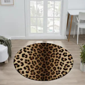1Pc Wild Leopard Print Fabric Circular Bathroom Mat, Animal Print Rug, Flannel Non Slip Round Bath Rug, Thickened Soft Absorb Water Floor Carpet, Microfiber Surface Memory Foam Cushion, Home Bathroom Holiday Decor, Shaggy Rug