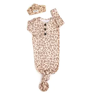 Amari Leopard GOWN Newborn Size Super Soft Stretchy Knotted Baby Gown with Matching Headband Bamboo Viscose Fabric Easy On/Off Design