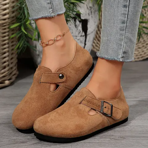 Womens Artistic Retro Clogs Cork Footbed Suede Light Slippers Potato Shoes with Adjustable Buckle