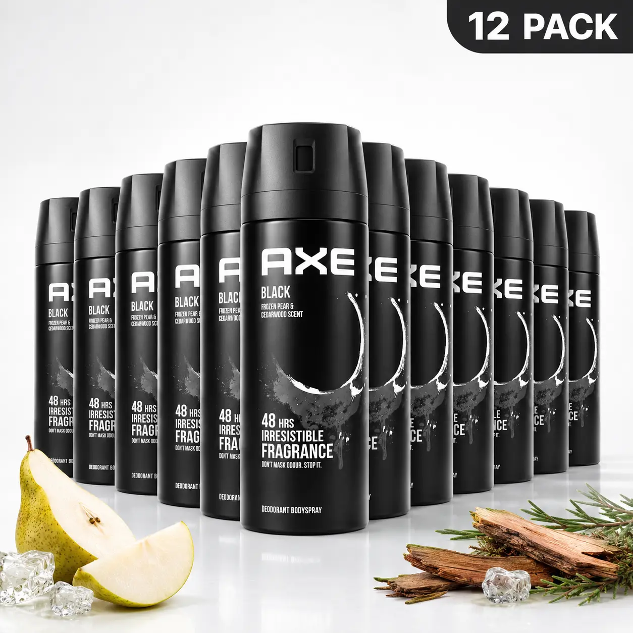 AXE Black Deodorant Body Spray 12 Pack Bulk - 48-Hour Long-Lasting Odor Protection for Men, Frozen Pear & Cedarwood Scent, Daily Toiletry, 5 oz, Apply Daily Body Care Fragrance